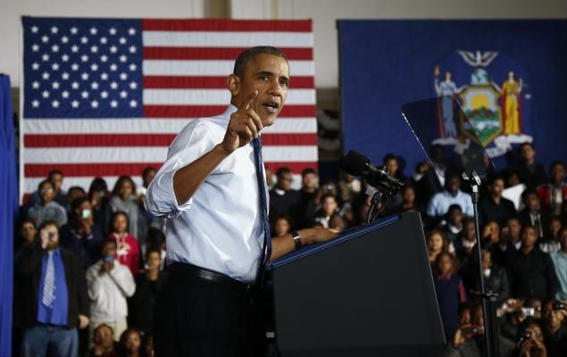 Obama speaking to audience about the future of education during visit of P-TECH